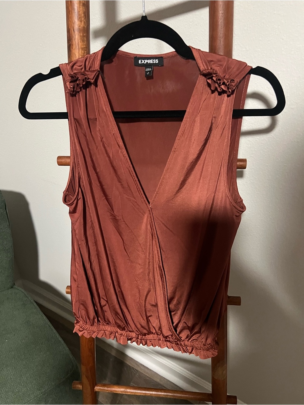 Express Rust Ruffle-Trim Sleeveless Wrap Tank